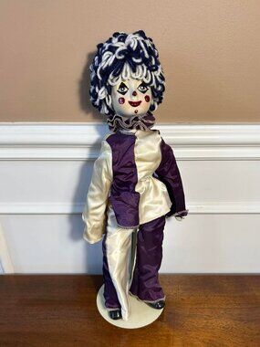 Purple and white Pierrot clown doll - as is